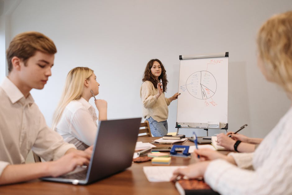 Young professionals in a meeting discussing a whiteboard presentation with data charts.