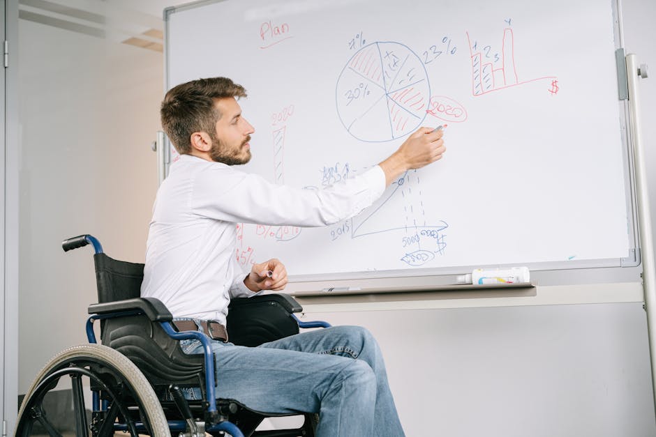 Man in a wheelchair giving a business presentation in an office using a whiteboard with graphs and charts.